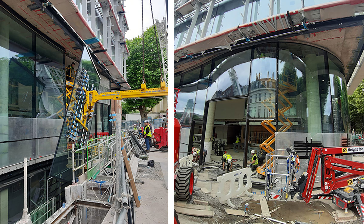 Montering av de over to tonn tunge bølgepapprutene under fremspring og bak søyler